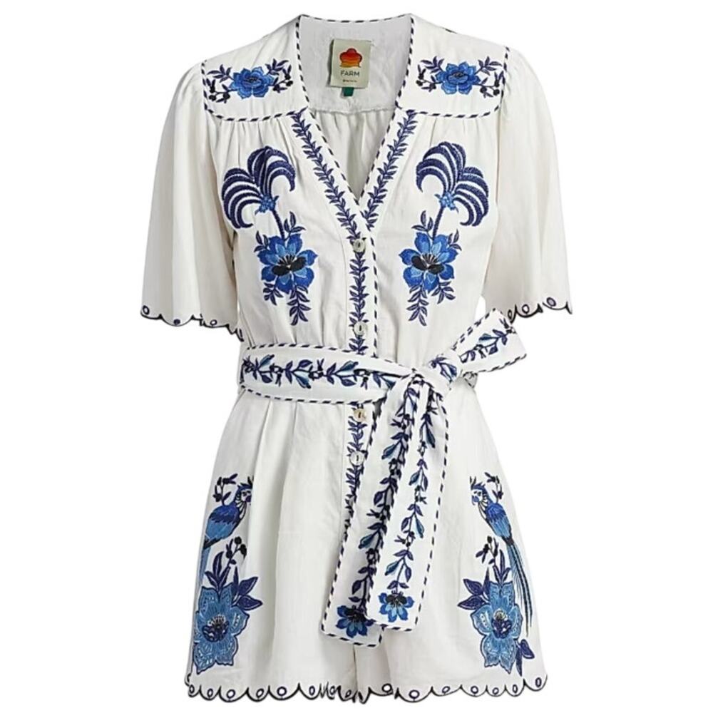 Farm Rio Embroidered Linen Romper Size XS - Picture 1 of 11